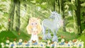 Fantasy cute cartoon of cute princess with little fairies flying and playing with white unicorn in magic forest in spring or
