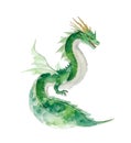 Fantasy cute green dragon. Watercolor style illustration