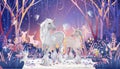 Fantasy cute little fairies flying and playing with Unicorn family in magic forest at Christmas night, Vector illustration