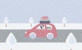 Fantasy cute winter landscape.Family car trip with suitcases.Parents and children are travelling.Trendy fashion trees in Royalty Free Stock Photo