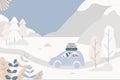 Fantasy cute winter landscape.Family car trip with suitcases.Trendy fashion plants,leaves,mountains,sun and nature in minimalist