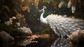 fantasy 3d image of an albino white peacock in the forest.