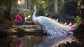 fantasy 3d image of an albino white peacock in the forest.