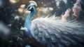 fantasy 3d image of an albino white peacock in the forest.