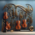 Fantasy 3D musical instruments, geometrically arranged on an octane background