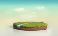 Fantasy 3D rendering circle podium grass field with river, surrealism round soil cutaway on surreal cyan twilight sky