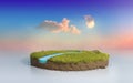 Fantasy 3D rendering circle podium grass field with river, surrealism round soil cutaway on surreal orange sunset sky