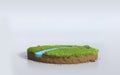 Fantasy 3D rendering circle podium grass field with river, surrealism round soil cutaway on white empty backdrop