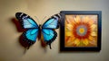 Fantasy 3D Thick Oil Painting of a Large Blue Butterfly Sitting on a Wall Next to a Framed Painting of a Flower Royalty Free Stock Photo