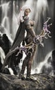 Fantasy dark elf female archer with flowing white hair ,cape and mythical armor posing with her bow Royalty Free Stock Photo