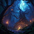Fantasy dark forest with fog and lights. 3d render illustration AI Generated Halloween ai Royalty Free Stock Photo