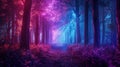 Fantasy dark forest with fog, path and neon lights. Generative AI Royalty Free Stock Photo