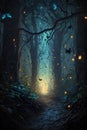 Fantasy dark forest with fog, trees and lights. Halloween background Royalty Free Stock Photo