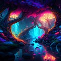 Fantasy dark forest with glowing neon lights, 3d illustration. Generative AI Royalty Free Stock Photo