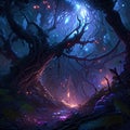 Fantasy dark forest with glowing neon lights. 3d render illustration AI generated Halloween ai Royalty Free Stock Photo