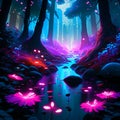 Fantasy dark forest with glowing neon lights. 3d render illustration Generative AI Royalty Free Stock Photo