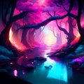 Fantasy dark forest with glowing neon lights. 3d render illustration Generative AI Royalty Free Stock Photo
