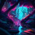 Fantasy dark forest with glowing neon lights. 3d rendering, 3d illustration. Generative AI Royalty Free Stock Photo