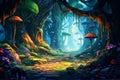 Fantasy dark magical forest. Video Game\'s Digital CG Artwork, Concept Illustration, Realistic Cartoon Style Background