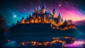 Fantastic fairytale old castle, night, palace royal building magical dark towers fantasy Royalty Free Stock Photo