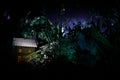 Fantasy decorated photo. Small beautiful house in grass with light. Old house in forest at night with moon. Selective focus Royalty Free Stock Photo