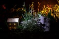 Fantasy decorated photo. Small beautiful house in grass with light. Old house in forest at night with moon. Selective focus Royalty Free Stock Photo