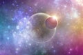 Fantasy deep space planets in colorful celestial clouds