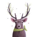 Fantasy Deer With Scarf And Butterflies, Spring Illustration, Watercolor And Pencils Clipart