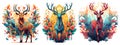 Fantasy deer standing on the colorful flowers background, isolated vector illustration set Royalty Free Stock Photo