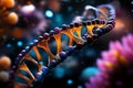 A fantasy depiction of the evolution of life, with a DNA strand stretching across different eras, from single-celled organisms to Royalty Free Stock Photo