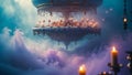 Fantasy dinner table floating in the clouds with candles and decorations Royalty Free Stock Photo