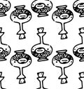 Seamless magic potion pattern, rounded base with long, narrow neck with stopper and label. A magic potion bottle hand drawn in Royalty Free Stock Photo