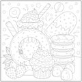 Fantasy Doughnut, cake and ice cream with marshmallow and strawberry. Learning and education coloring page