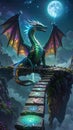 Fantasy Dragon on Ancient Stone Bridge Royalty Free Stock Photo