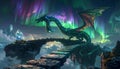 Fantasy Dragon on Cliff with Aurora Borealis Royalty Free Stock Photo