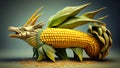 Fantasy dragon with corn on the cob. 3D illustration.