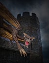 Fantasy Mythical Dragon, Medieval Castle Royalty Free Stock Photo