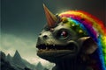 Fantasy dragon in the rain with a rainbow and a hat.