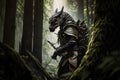 Fantasy dragon samurai in the forest. Neural network AI generated art