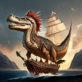 Fantasy dragon ship sailing in the sea. 3D illustration. Generative AI Royalty Free Stock Photo