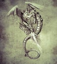Fantasy dragon. Sketch of tattoo art, medieval monster