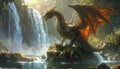 Fantasy Dragon Standing by Waterfall Scene Royalty Free Stock Photo
