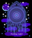 Fantasy drawing of ancient Gothic stained glass window at night. Modern print for logo, icon, symbol, fabric, embroidery,