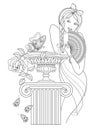 Fantasy drawing of beautiful girl with fan near the fountain. Black and white page for coloring book.