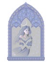 Fantasy drawing of beautiful lonely girl bored near gothic stained glass window. Sketch in ink and crayon style. Print to