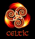 Fantasy drawing of Celtic disk ornament of Triskele symbol with fire and flames. Breton folk ethnic sign. Print for logo, icon,