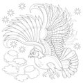 Fantasy drawing of flying owl from fairyland. Black and white page for coloring book.