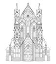 Fantasy drawing of Gothic castle. Medieval architecture in Western Europe. Black and white page for coloring book. Worksheet for