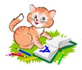 Fantasy drawing for kids. Cute little kitten learning to read the book. Back to school. Cover for children textbook. Illustration