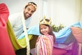 Fantasy, dress up dad portrait and children in a blanket fort with costume, girl and kids together. Play castle Royalty Free Stock Photo